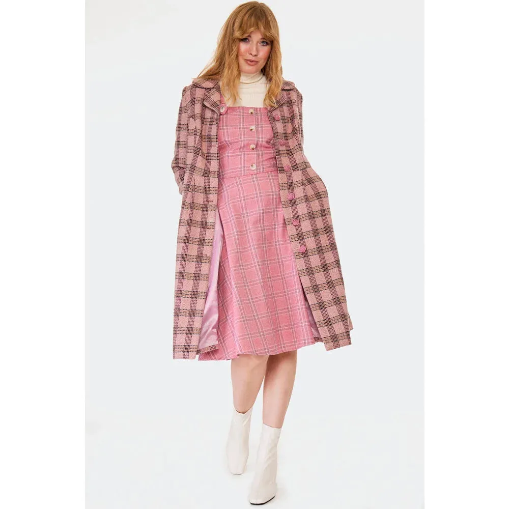 1960s Inspired Poly Wool Pink Check Print Winter Coat