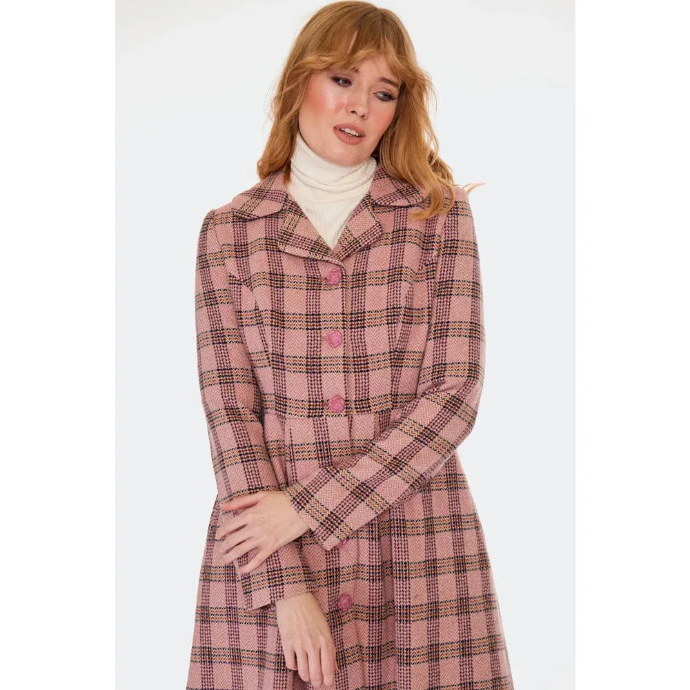 1960s Inspired Poly Wool Pink Check Print Winter Coat