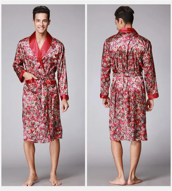 2017 spring summer new luxury print silk robe male bathrobe mens kimono bath gown mens silk robes dressing gowns D7-AD16