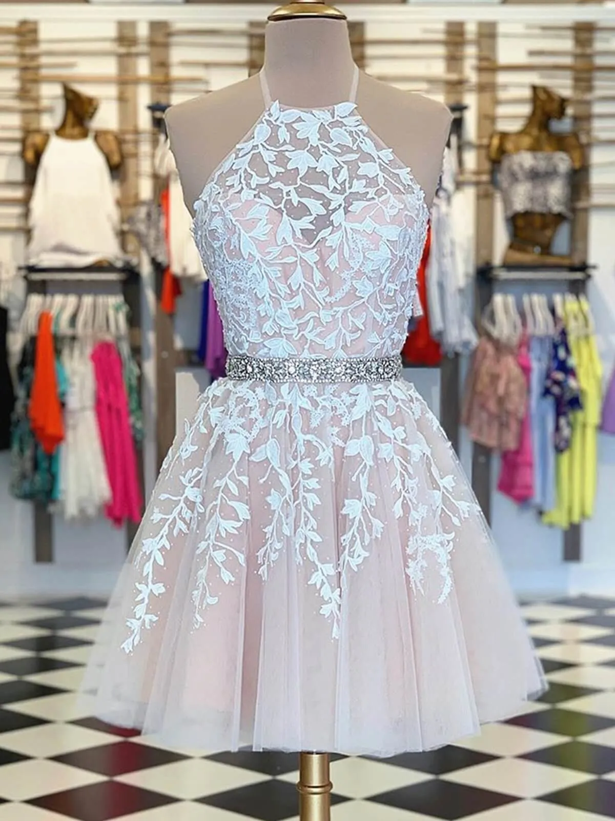 A Line Halter Neck Short Champagne Lace Prom Dresses,Lace Formal Homecoming Dress