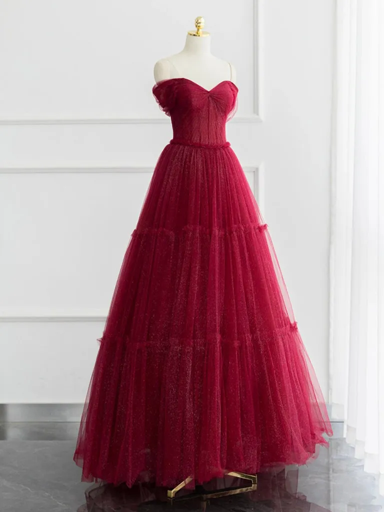 A-line Sweetheart Neck Tulle Burgundy Long Prom Dress Off Shoulder Burgundy Formal Dress