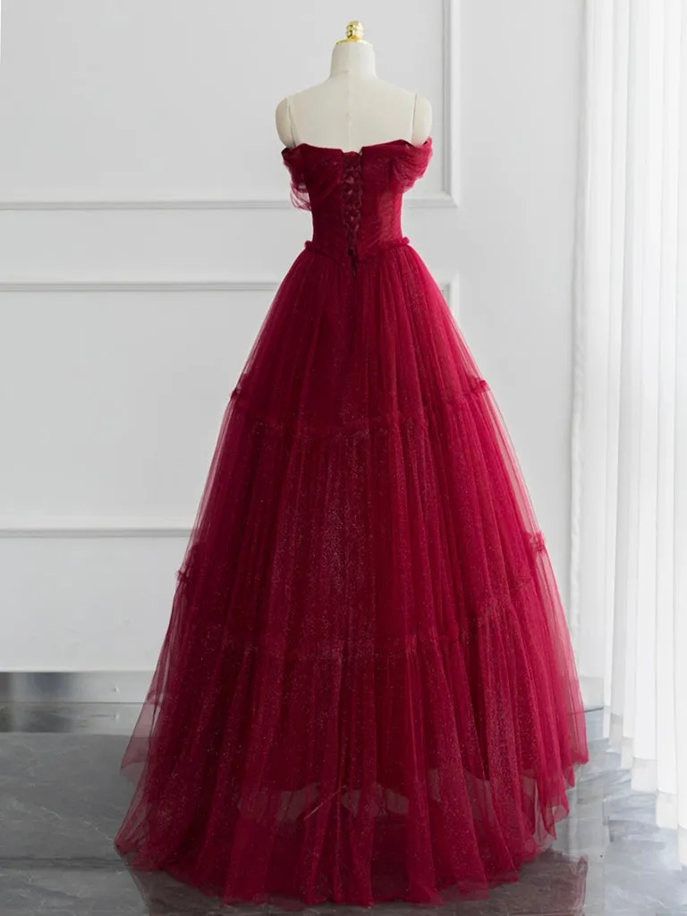 A-line Sweetheart Neck Tulle Burgundy Long Prom Dress Off Shoulder Burgundy Formal Dress