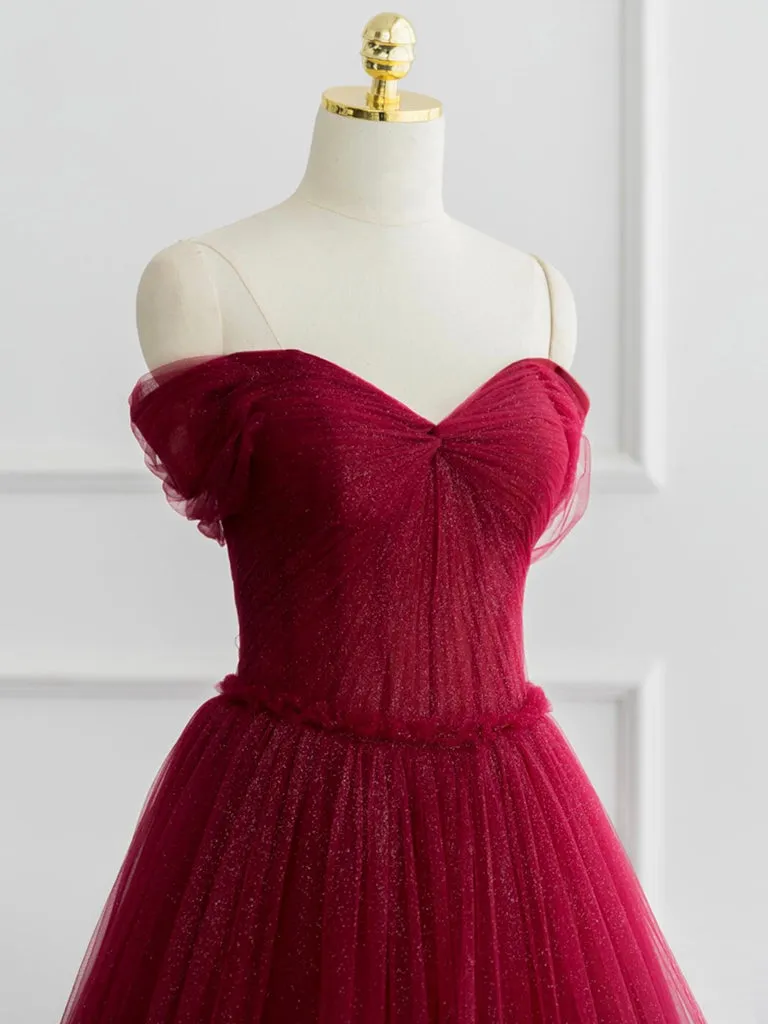 A-line Sweetheart Neck Tulle Burgundy Long Prom Dress Off Shoulder Burgundy Formal Dress