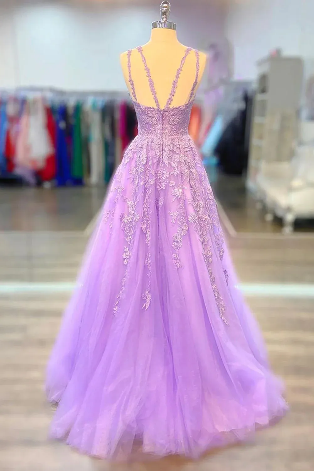 A-Line Tulle Princess Light Purple Prom Dress With Appliques Tulle Straps Formal Dress