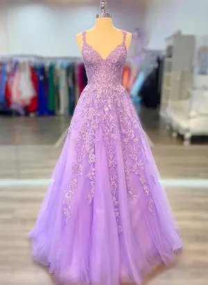 A-Line Tulle Princess Light Purple Prom Dress With Appliques Tulle Straps Formal Dress