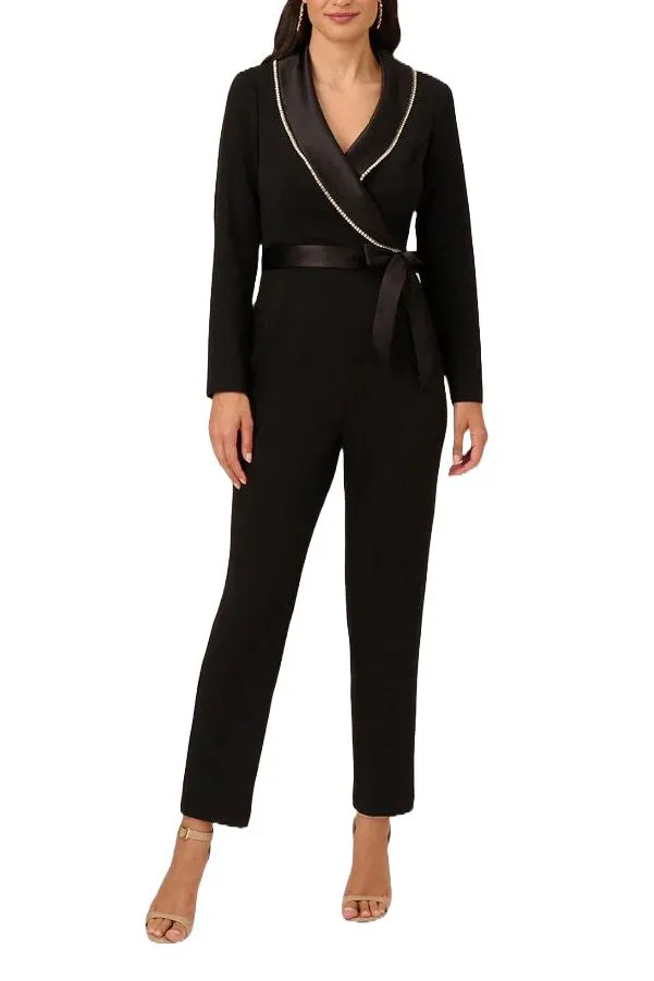 Adrianna Papell surplice neck long sleeve embellished collar tie waist zipper closure knit crepe jumpsuit