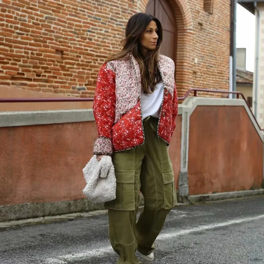 Amandine | Ethnic style Floral Print Color Contrast Quilted Jacket