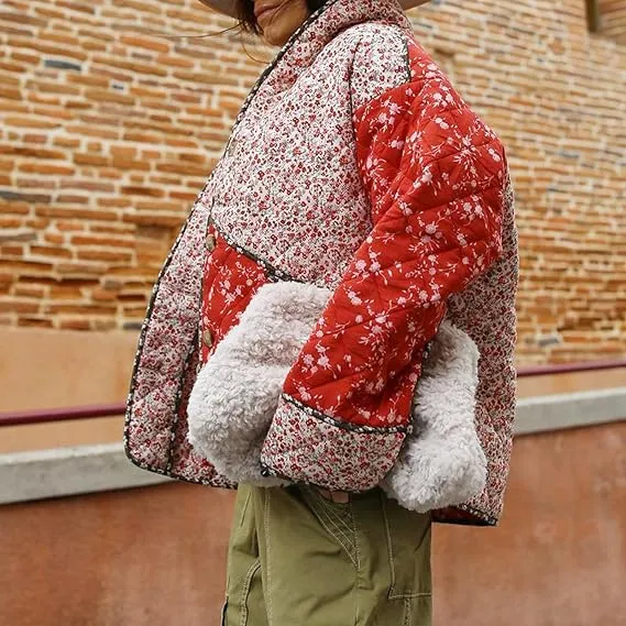 Amandine | Ethnic style Floral Print Color Contrast Quilted Jacket