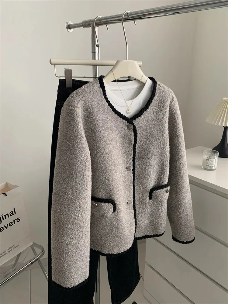 Amozae-Autumn Casual Outfits Amozae-Leather Button Lamb Coat, Feminine Temperament, Exquisite Commuting Style, Small Fragrance, Contrasting Color, Round Neck, Fur