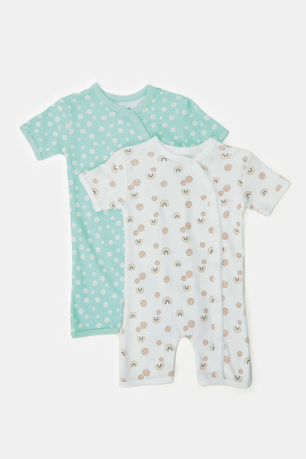 Baby Mint And White Printed Romper Set (Pack Of 2)