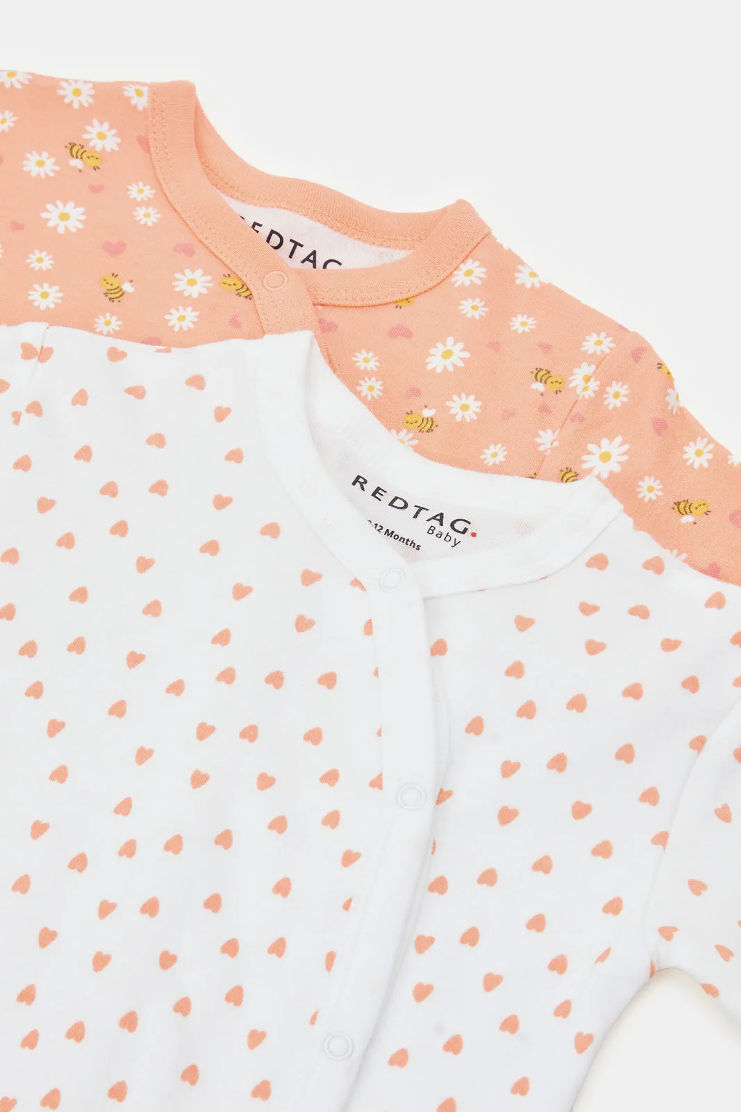 Baby Peach And White Printed Romper Set (Pack Of 2)