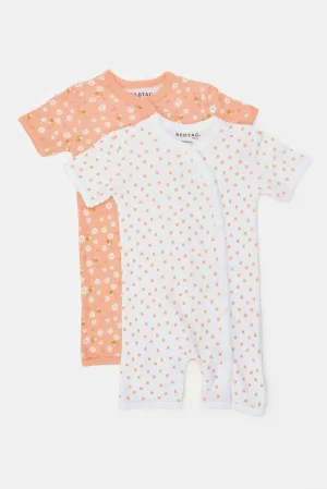 Baby Peach And White Printed Romper Set (Pack Of 2)