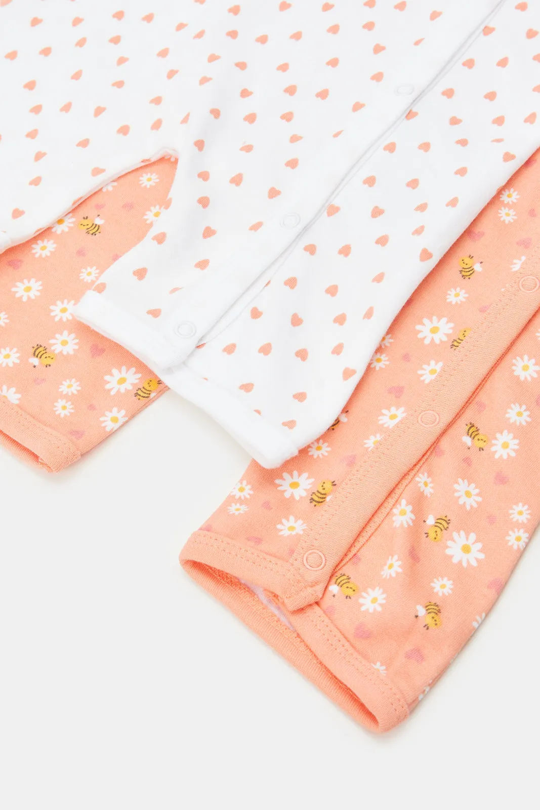 Baby Peach And White Printed Romper Set (Pack Of 2)