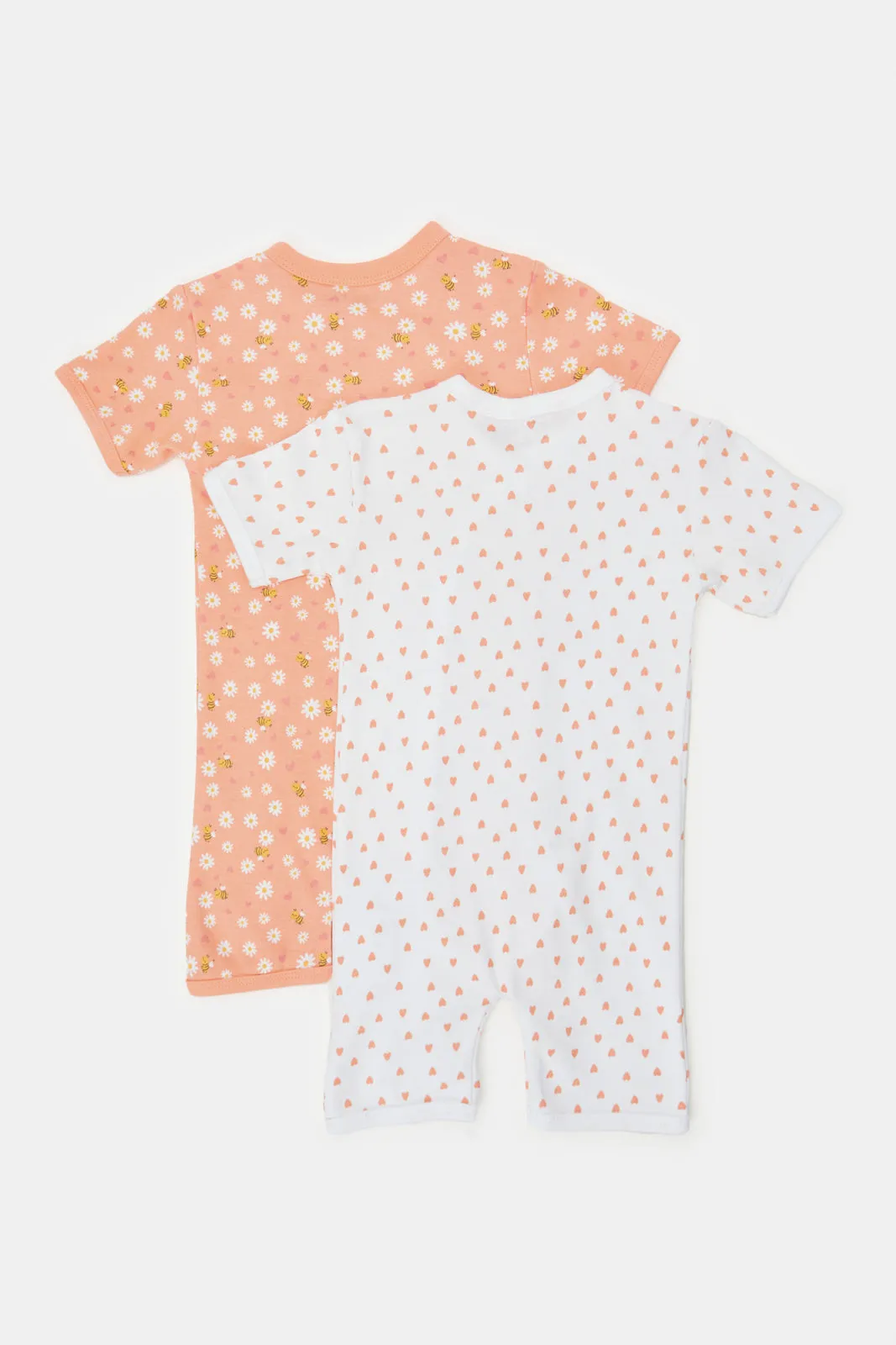 Baby Peach And White Printed Romper Set (Pack Of 2)