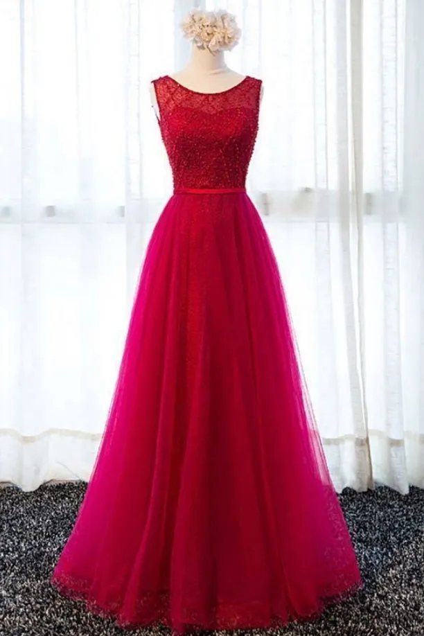 Bateau Neck Red Tulle Modest Prom Dress,21121015