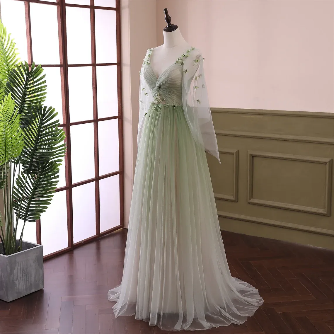 Beautiful Gradient Tulle Green Beaded Long Sleeves Party Dress, Green Formal Dress