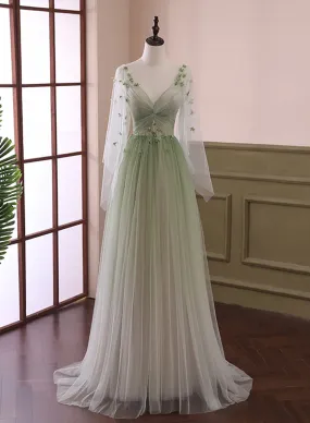 Beautiful Gradient Tulle Green Beaded Long Sleeves Party Dress, Green Formal Dress