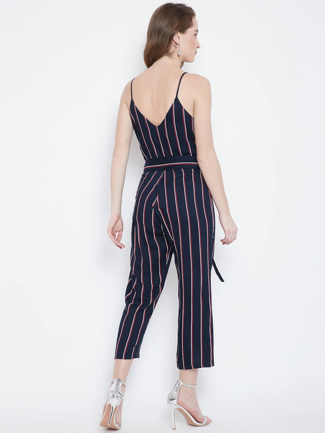 Berrylush Women Navy Blue Striped Pattern V-Neck Waist Tie-Up Culotte Jumpsuit