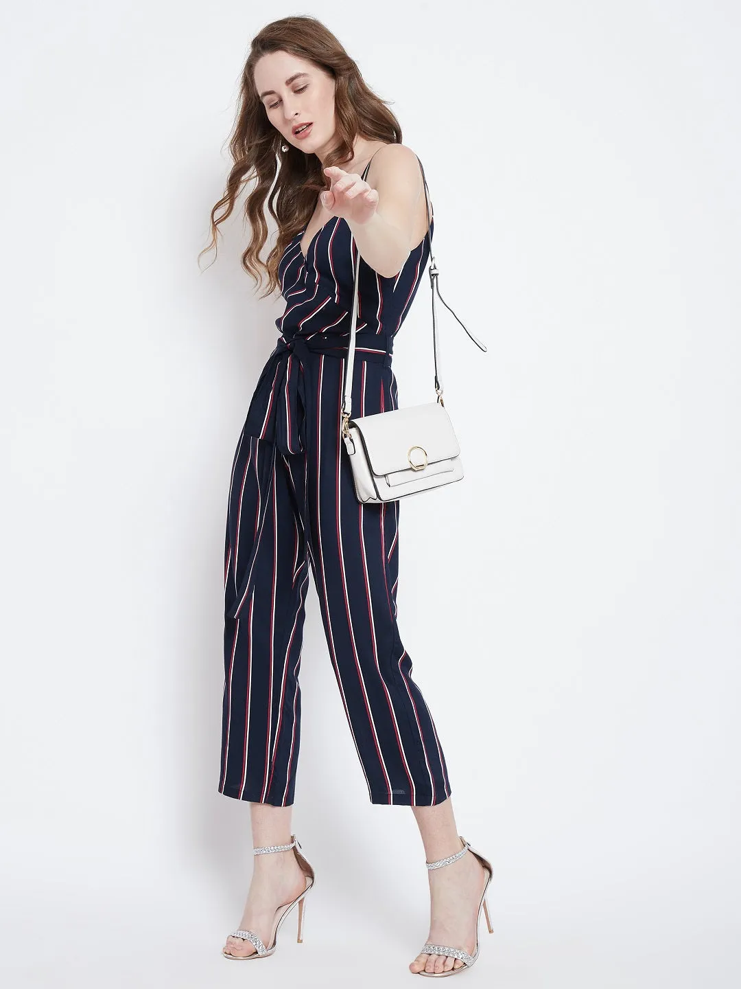 Berrylush Women Navy Blue Striped Pattern V-Neck Waist Tie-Up Culotte Jumpsuit