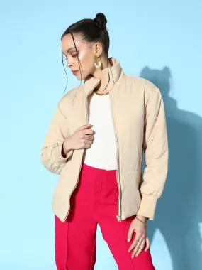 Berrylush Women Solid Beige Mock Collar Neck Two-Pocket Zipper-Up Straight Hem Puffer Regular Jacket