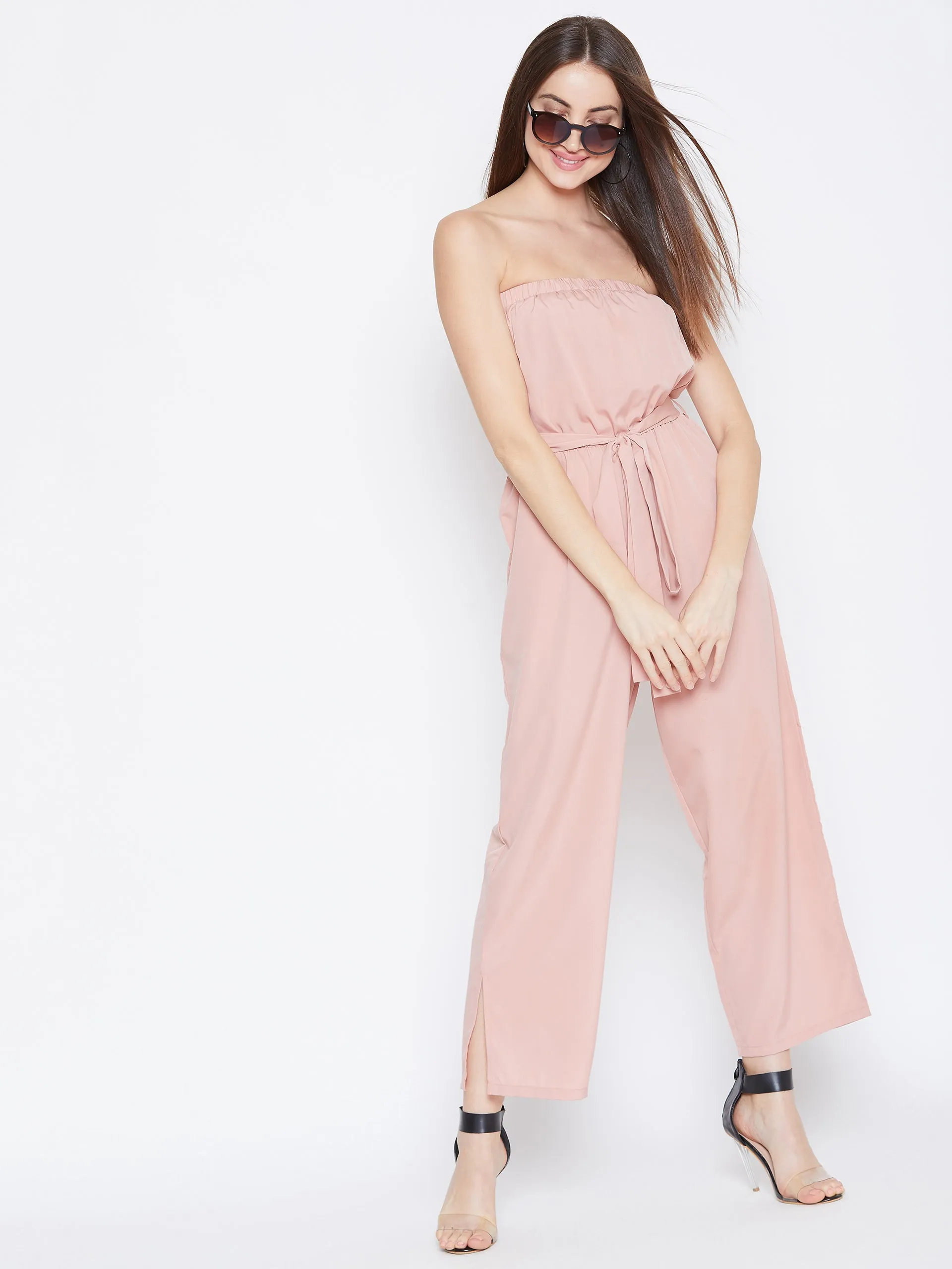 Berrylush Women Solid Peach Strapless Off-Shoulder Waist Tie-Up Basic Jumpsuit