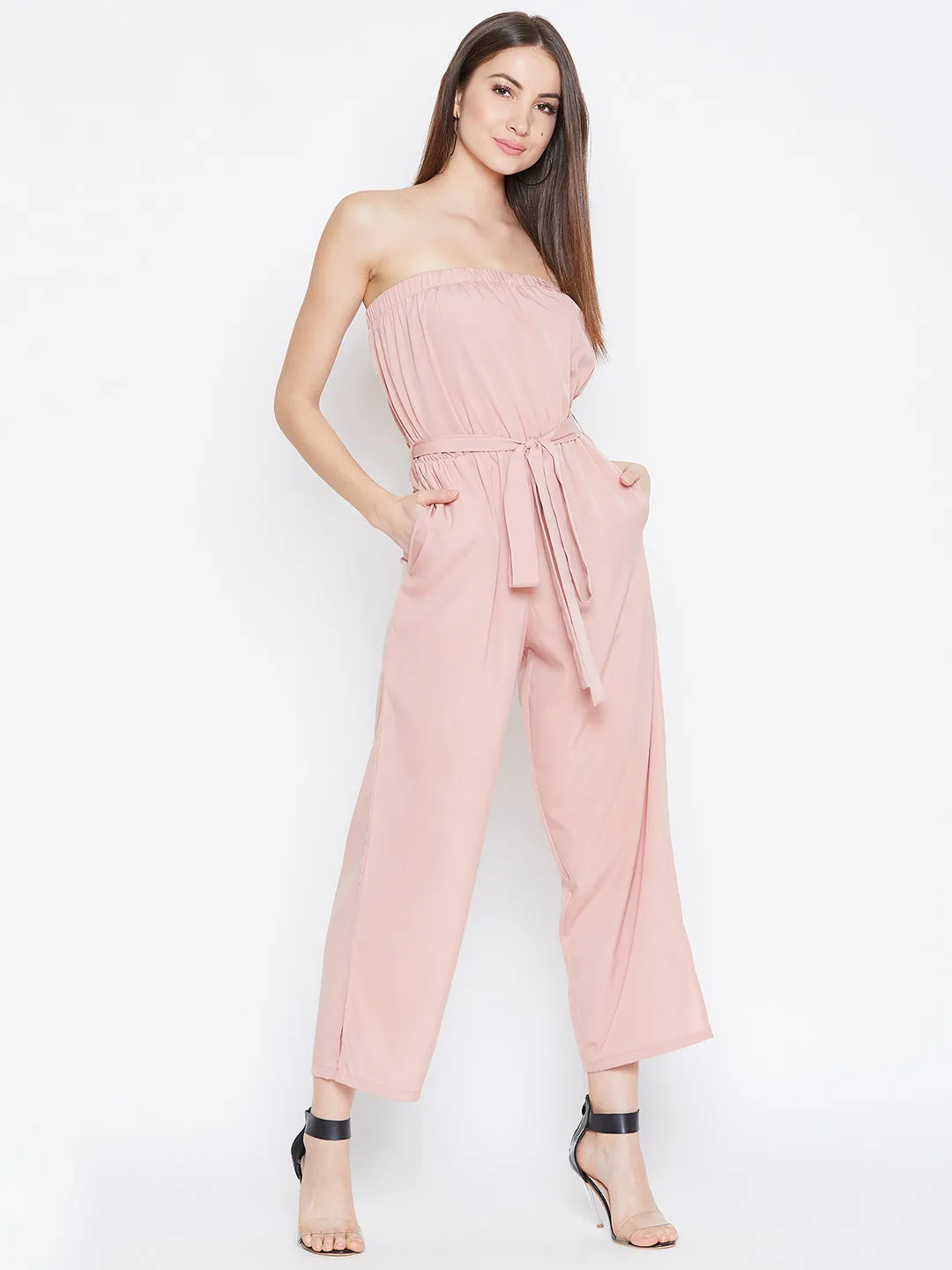 Berrylush Women Solid Peach Strapless Off-Shoulder Waist Tie-Up Basic Jumpsuit