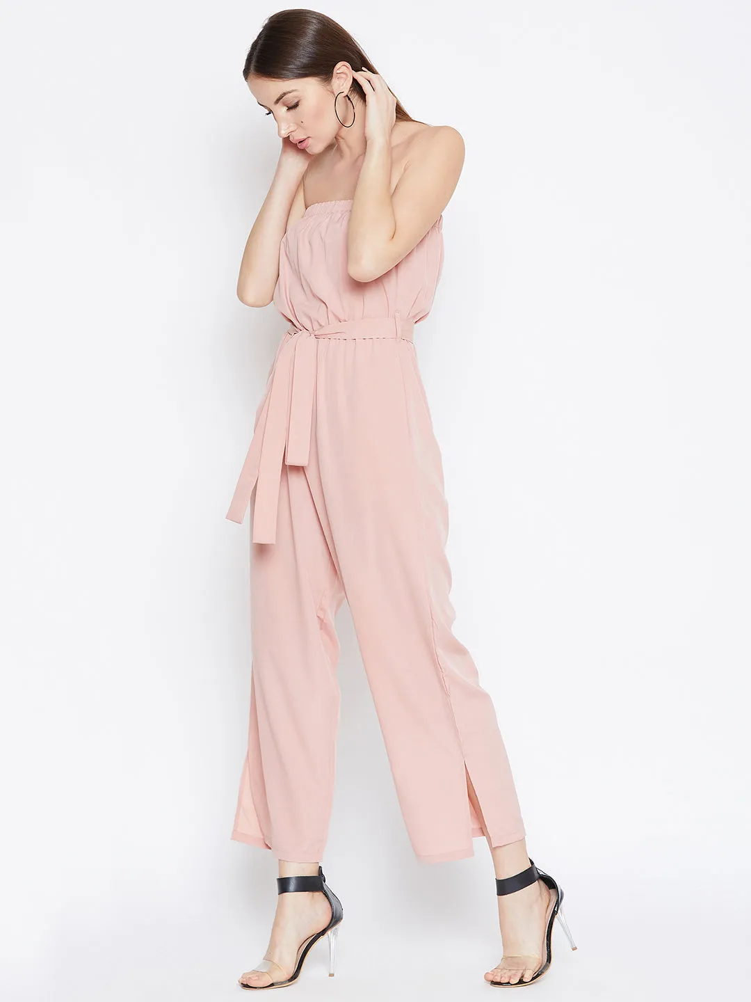 Berrylush Women Solid Peach Strapless Off-Shoulder Waist Tie-Up Basic Jumpsuit