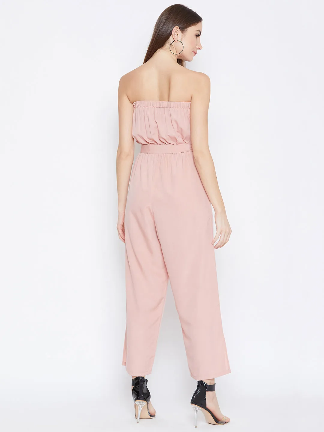 Berrylush Women Solid Peach Strapless Off-Shoulder Waist Tie-Up Basic Jumpsuit