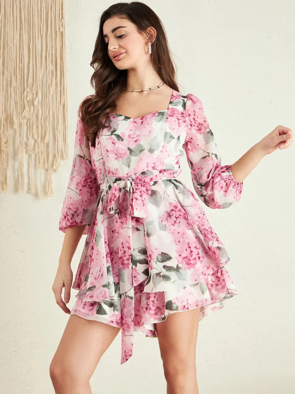 Berrylush Women White, Pink, & Green Floral Printed Sweetheart Neck Puff Sleeves Tie-Up Waist Layered Mini Jumpsuit