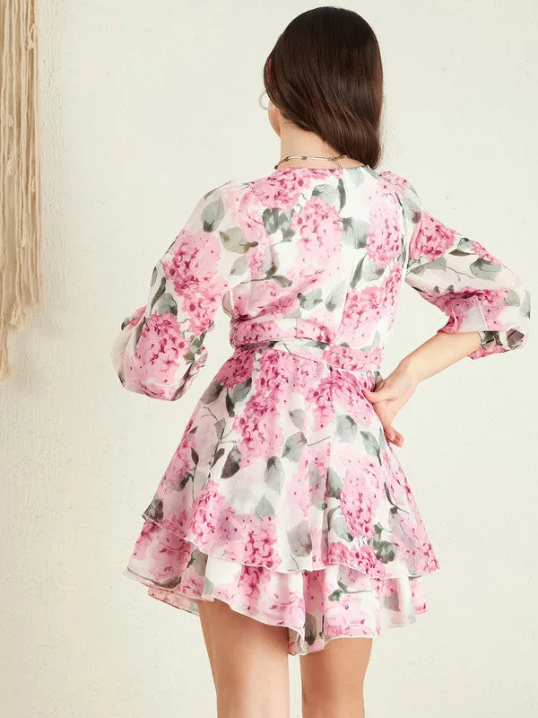 Berrylush Women White, Pink, & Green Floral Printed Sweetheart Neck Puff Sleeves Tie-Up Waist Layered Mini Jumpsuit