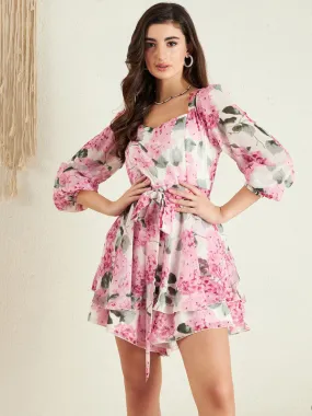 Berrylush Women White, Pink, & Green Floral Printed Sweetheart Neck Puff Sleeves Tie-Up Waist Layered Mini Jumpsuit