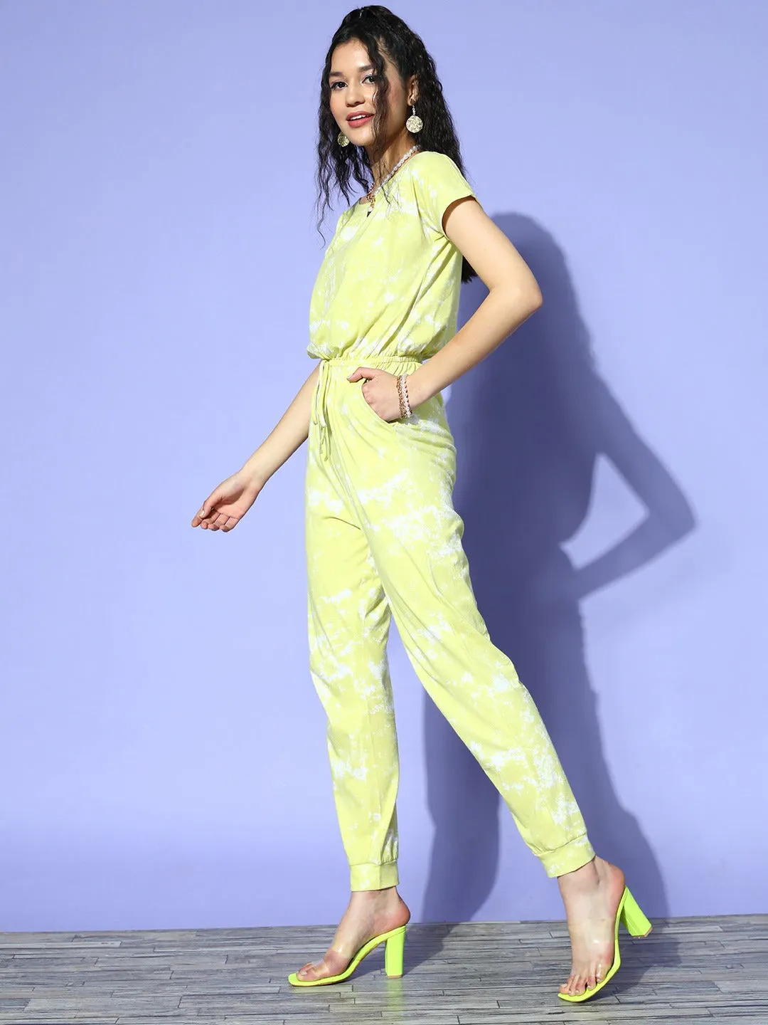 Berrylush Women Yellow & White Tie-Dye Printed Round Neck Two-Pocket Tie-Up Waist Cotton Regular Jumpsuit