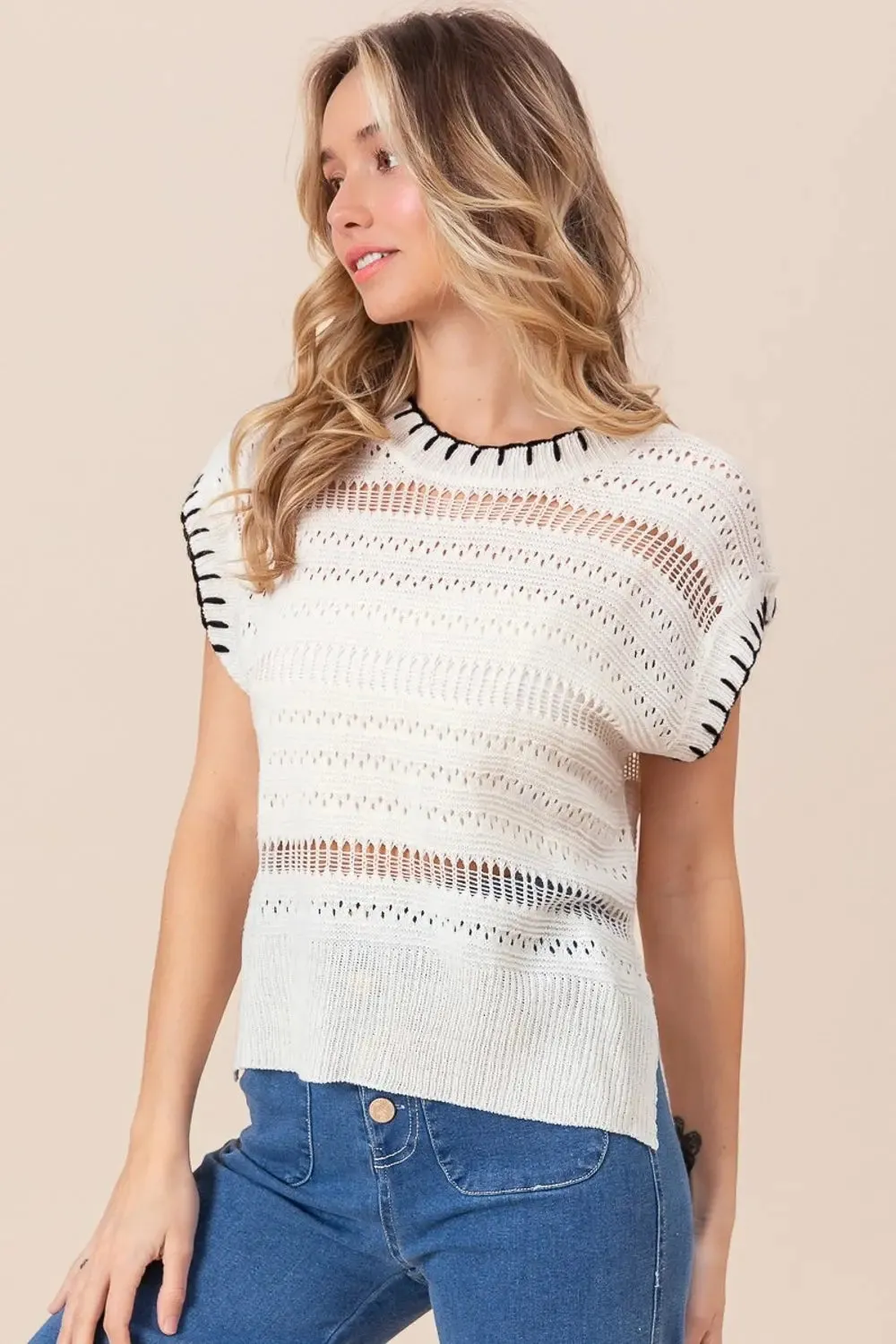 BiBi Stitch Edge Pointelle Side Slit Sweater Vest