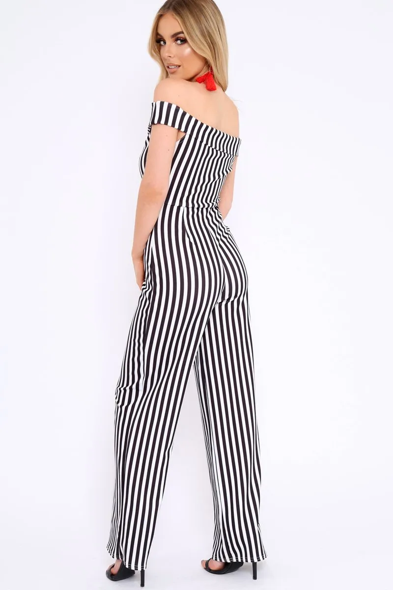 Black and White Stripe V Neck Bardot Jumpsuit - Mallorie