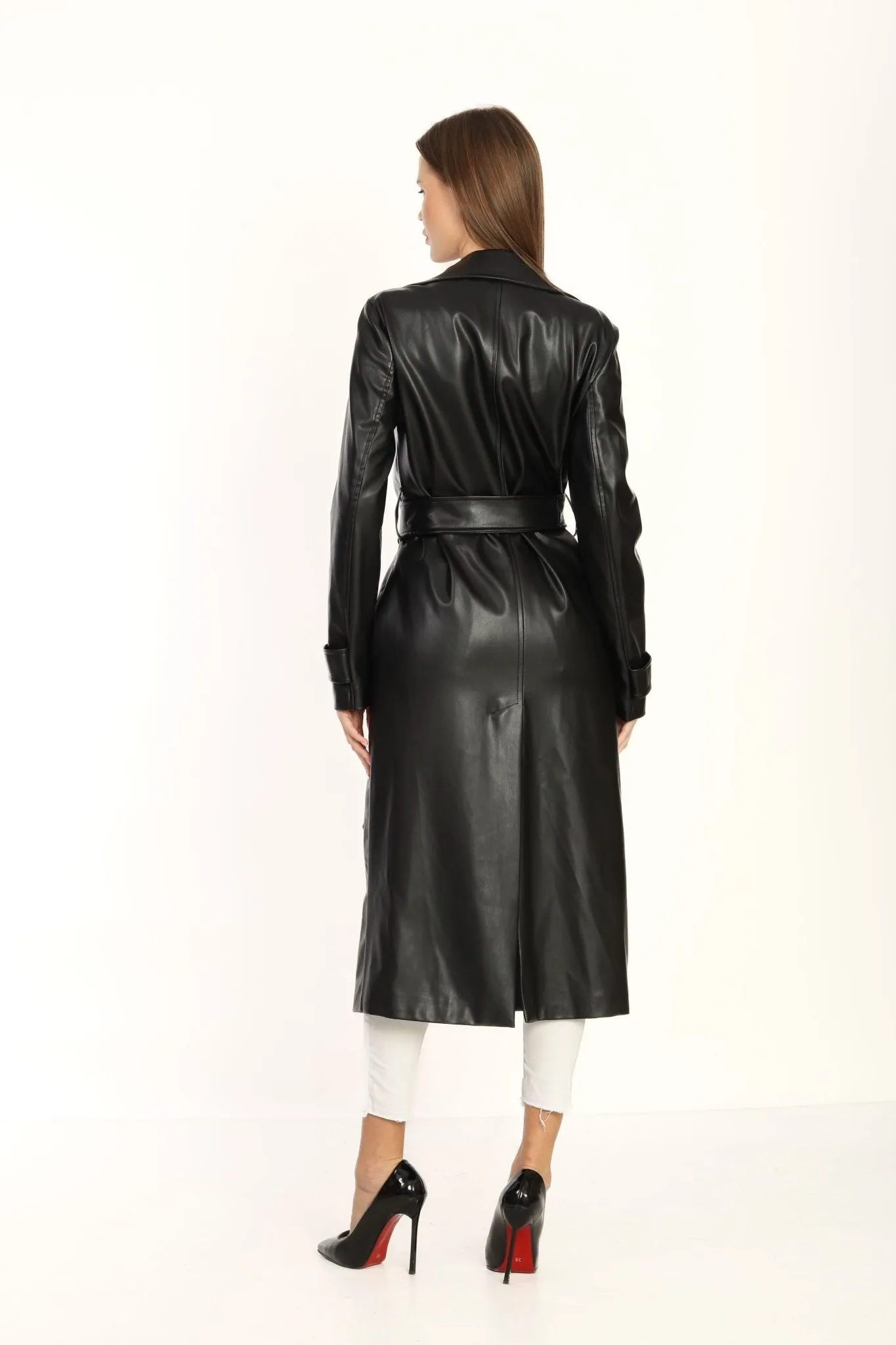 Black Double breasted Collar Silver Detailed Design Leather Coat