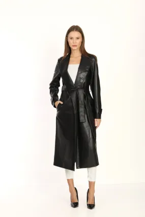 Black Double breasted Collar Silver Detailed Design Leather Coat