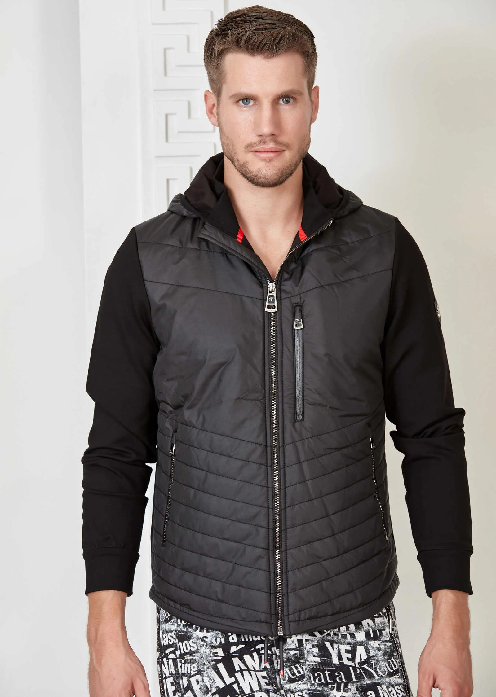 Black Hooded Hybrid Quilted Jacket