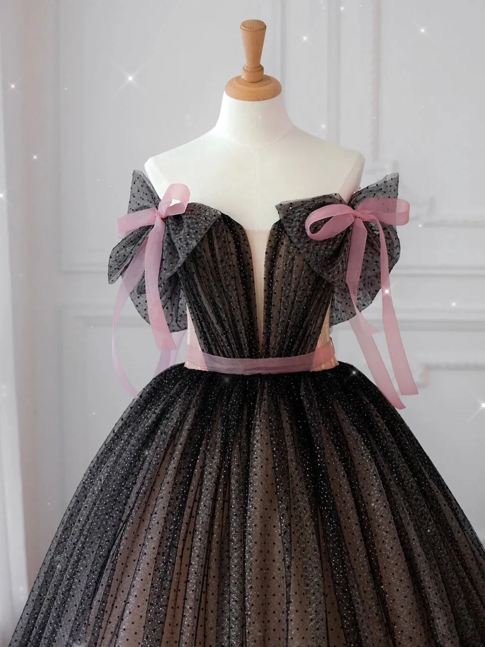 Black off shoulder tulle long prom dress black tulle formal dress