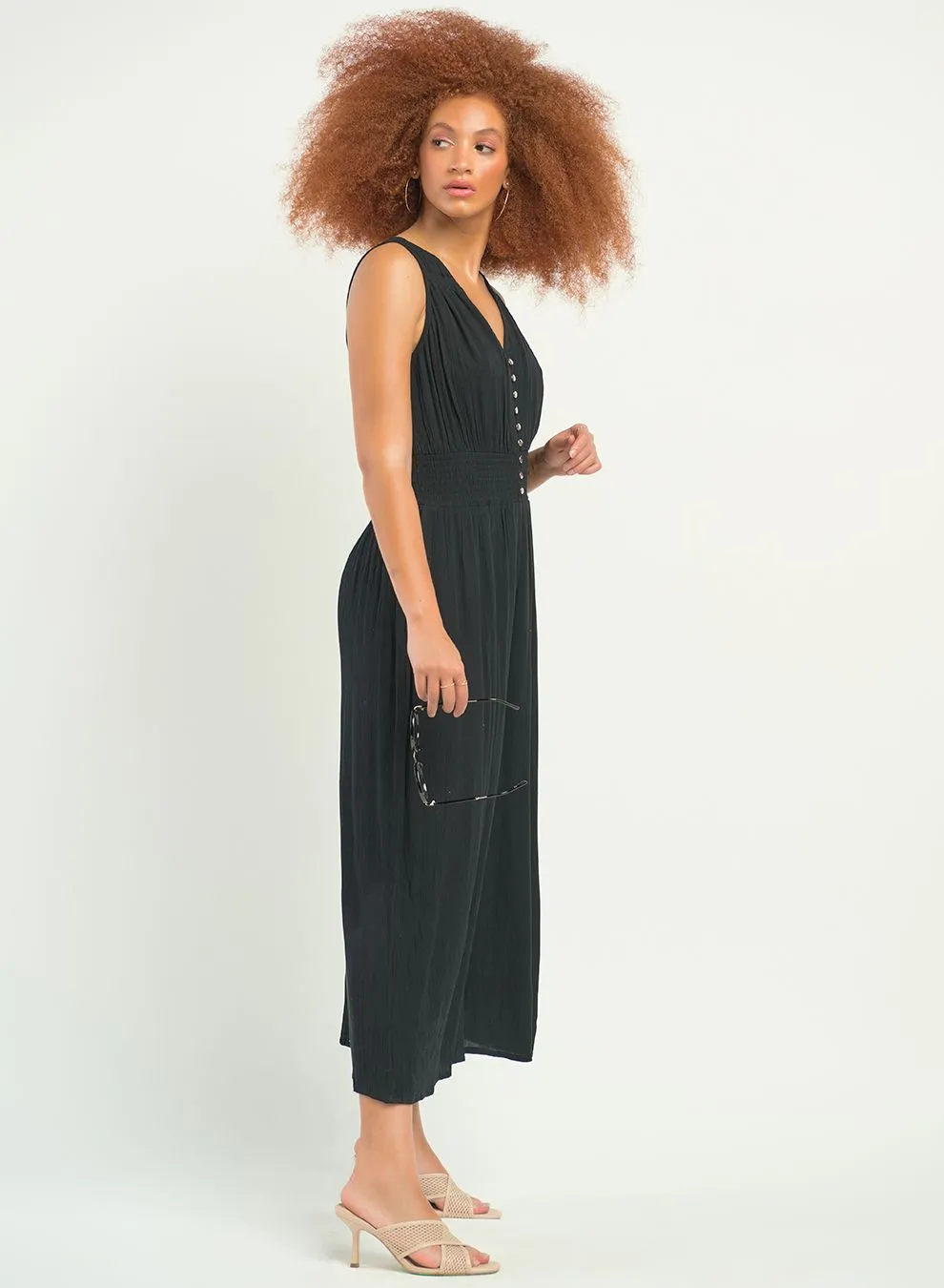 Black Smocked Waist Jumpsuit