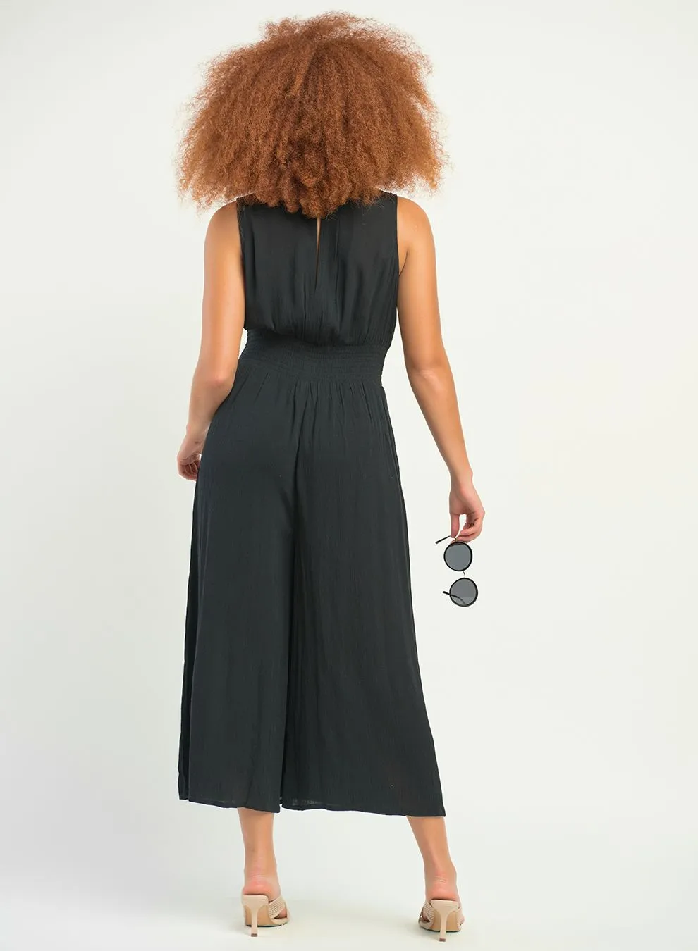 Black Smocked Waist Jumpsuit