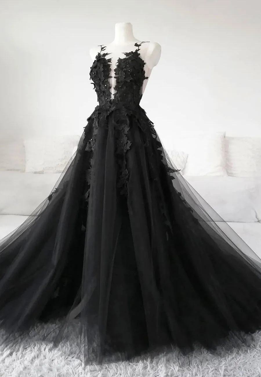 Black Tulle Lace Long Prom Dress Black Formal Graduation Dress