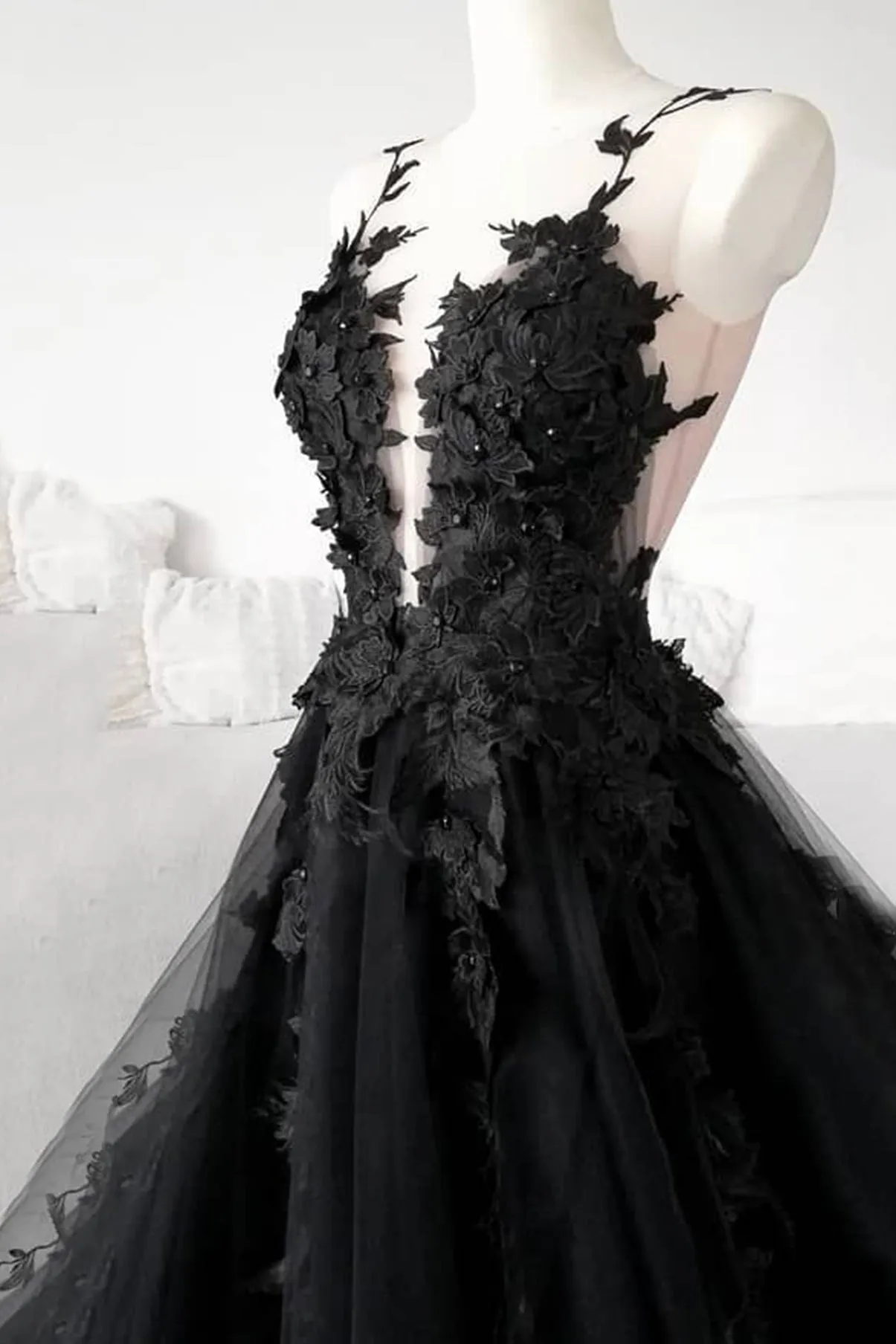 Black Tulle Lace Long Prom Dress Black Formal Graduation Dress