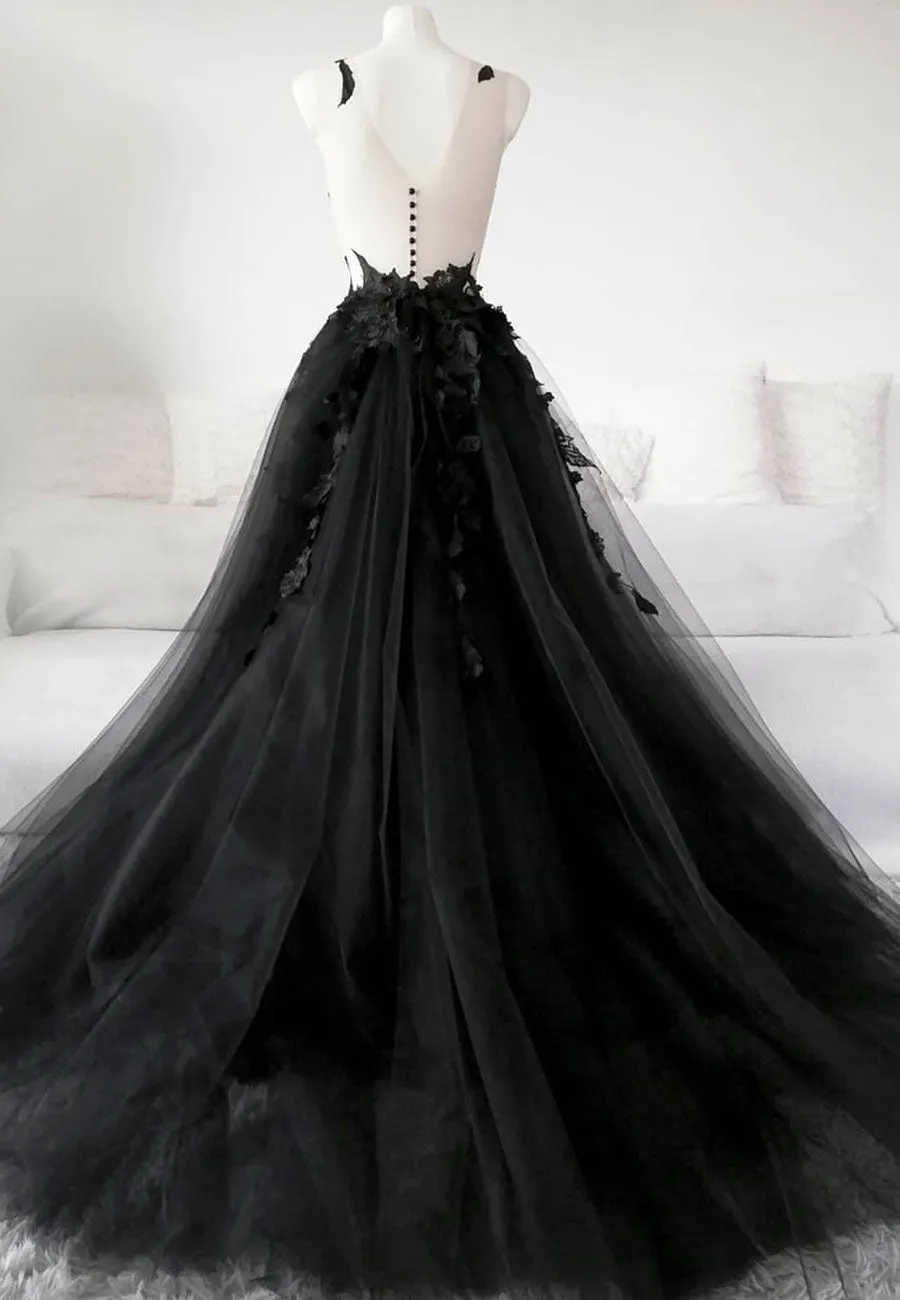 Black Tulle Lace Long Prom Dress Black Formal Graduation Dress