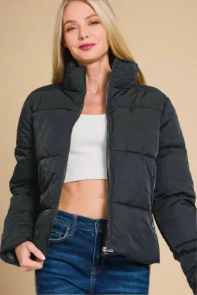 Black Zip Up Puffer Jacket with Pockets