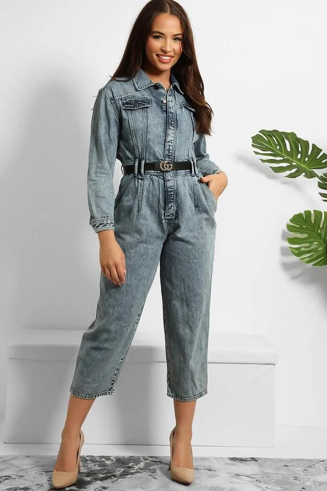 Bleached Denim Cropped Leg Jumpsuit