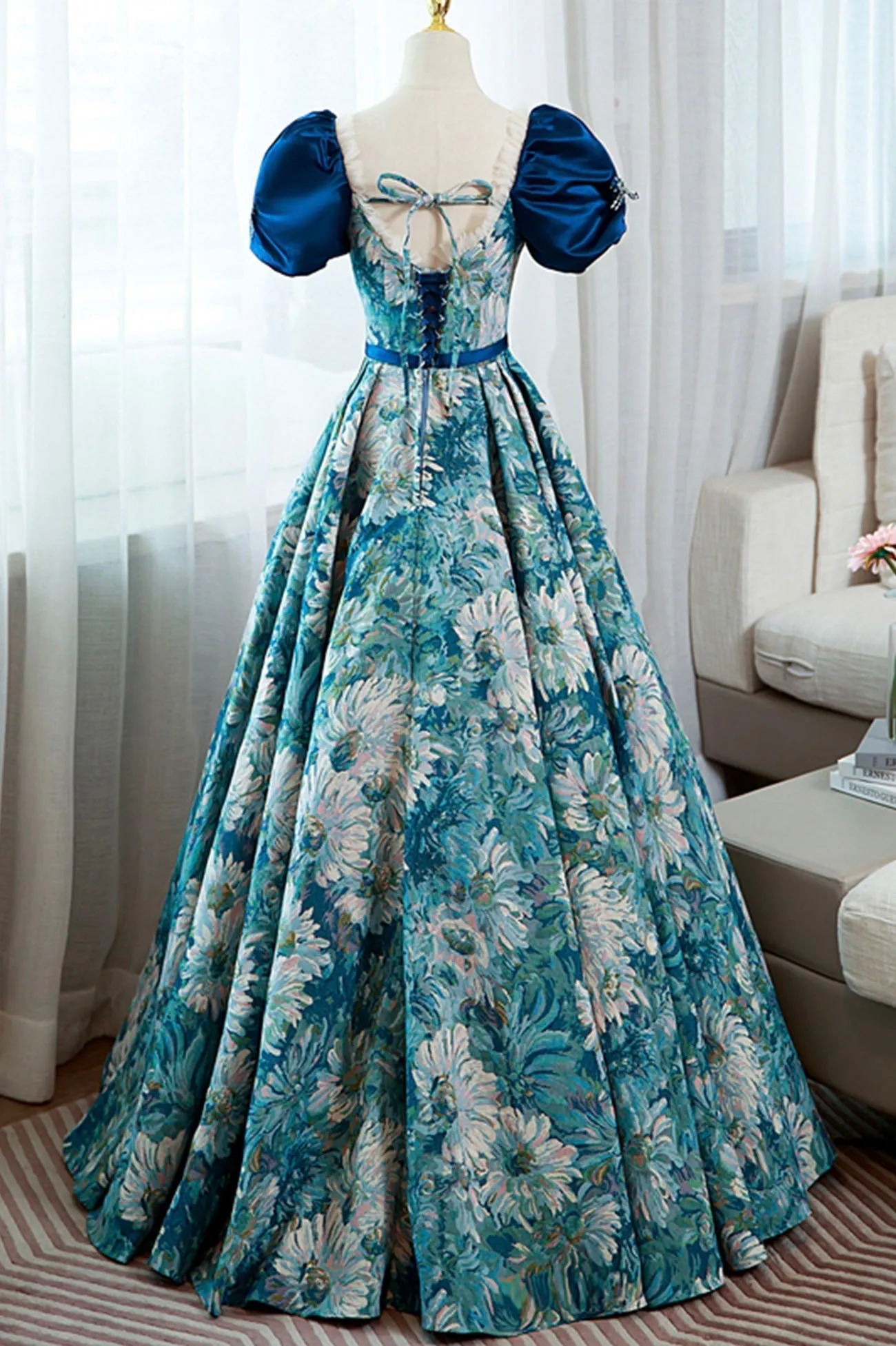 Blue Printed Long A-Line Prom Dress Elegant Short Sleeve Formal Dress