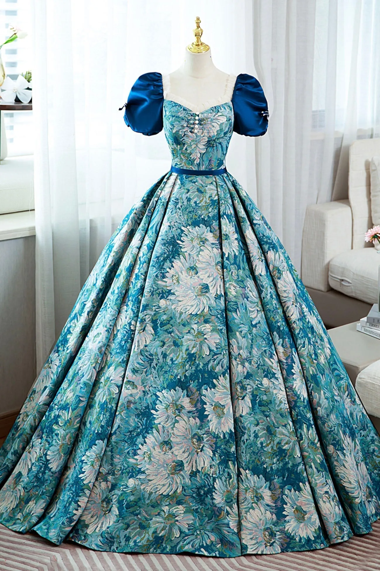 Blue Printed Long A-Line Prom Dress Elegant Short Sleeve Formal Dress