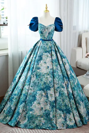 Blue Printed Long A-Line Prom Dress Elegant Short Sleeve Formal Dress