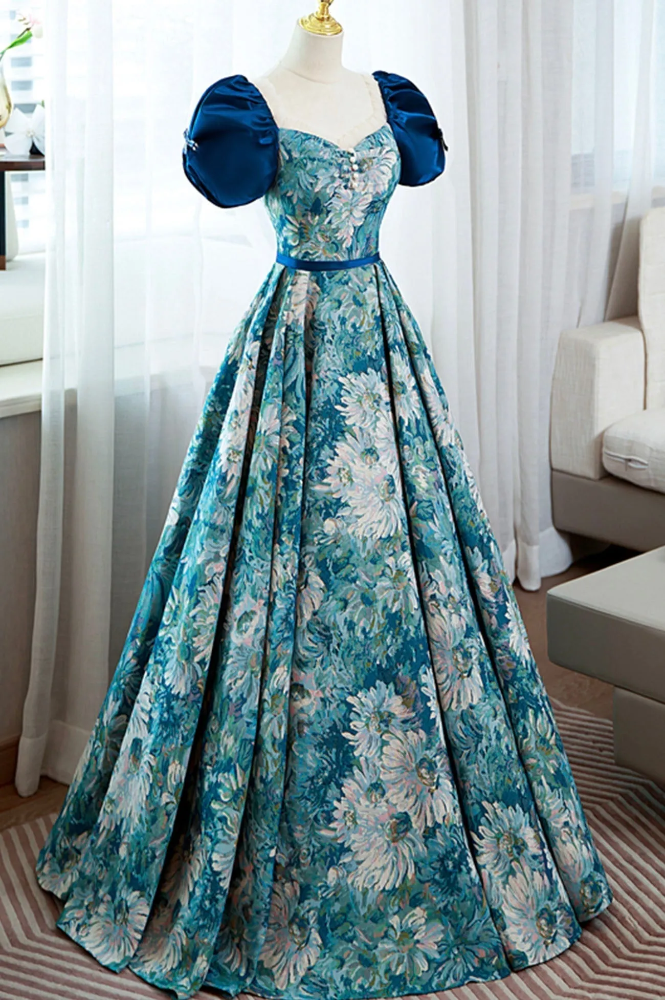 Blue Printed Long A-Line Prom Dress Elegant Short Sleeve Formal Dress