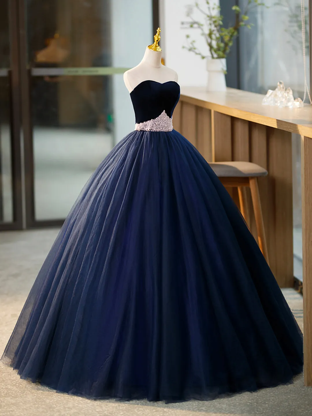 Blue Tulle Long Formal Dress with Velvet Blue Sweetheart Neck Prom Dress